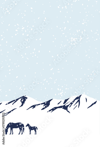 雪原の馬の親子　お正月/年賀状素材