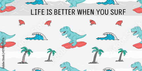 Funny cartoon dinosaurs surfing on red surfboards with palm trees and ocean waves