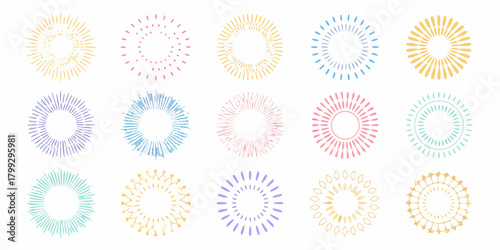 Collection of colorful abstract sunburst burst starburst and radial explosion graphic elements
