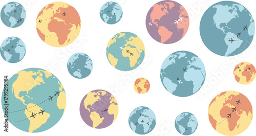 Colorful World Globe Bubbles with Airplanes Flying Across Earth Maps