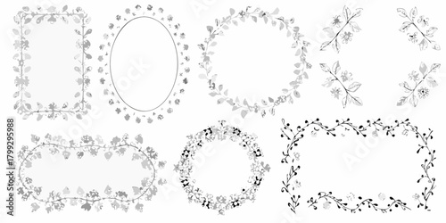 Collection of hand drawn floral borders and frames in black and white with delicate leaves and flowers