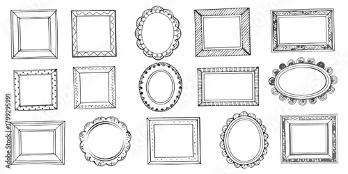 Collection of hand drawn sketchy picture frames and borders in various shapes and styles