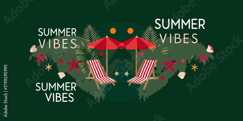 Summer vibes with beach chairs umbrellas starfish and palm leaves on dark green background