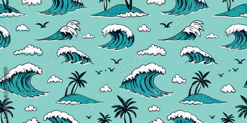 Tropical island paradise seamless pattern with crashing ocean waves palm trees and birds