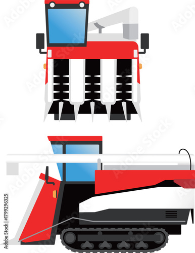正面、横から見たコンバイン（農業機械）