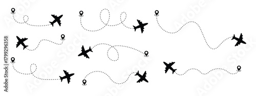 Airplane dashed route paths vector set, doodle dotted flight lines with looping trails, jet silhouettes, travel navigation waypoints, curved and straight trajectories. Vector ilustration.