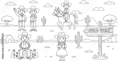 Wild West cowboy adventure scene with children in hats, horseback riding, treasure chests, cacti, and a rustic wooden sign pointing to the frontier, perfect for coloring books