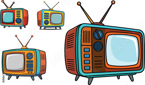 Collection of colorful retro television illustrations with vintage antennas, classic old TV set cartoon designs, nostalgic media device artwork for decoration