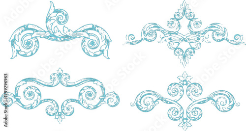 The image contains four distinct turquoise-colored decorative ornaments or flourishes. Each ornament features intricate spiral and floral-like designs, with a textured, slightly distressed 