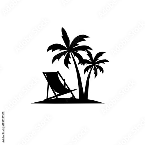 Tropical beach relaxation: Silhouette of two palm trees and a deck chair on a small island, symbolizing vacation, travel, summer, paradise, holidays, and seaside leisure.