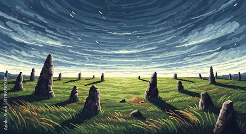 A stylized pixel art landscape featuring ancient standing stones in a vast green field under a dramatic, swirling blue sky.