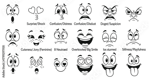 Collection of hand drawn cartoon faces expressing a wide range of emotions and expressions
