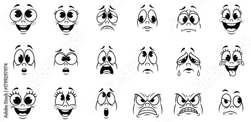 Collection of vintage cartoon character faces showing a wide range of expressive emotions and styles