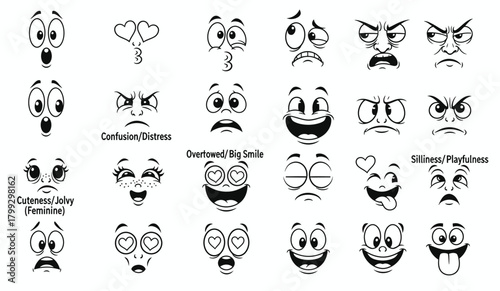 Collection of diverse cartoon face expressions showing a wide range of emotions and feelings