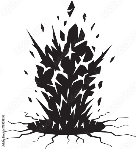 大地の咆哮：衝撃と破壊を表現したゲームエフェクト調の地面噴出アブストラクト