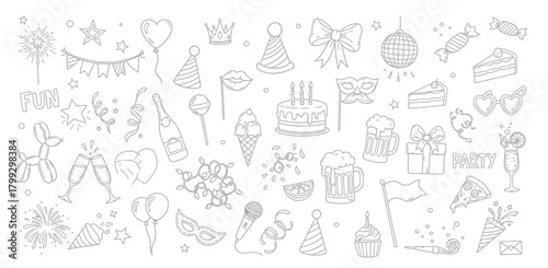 Whimsical hand drawn doodle collection of celebratory objects and sweet treats
