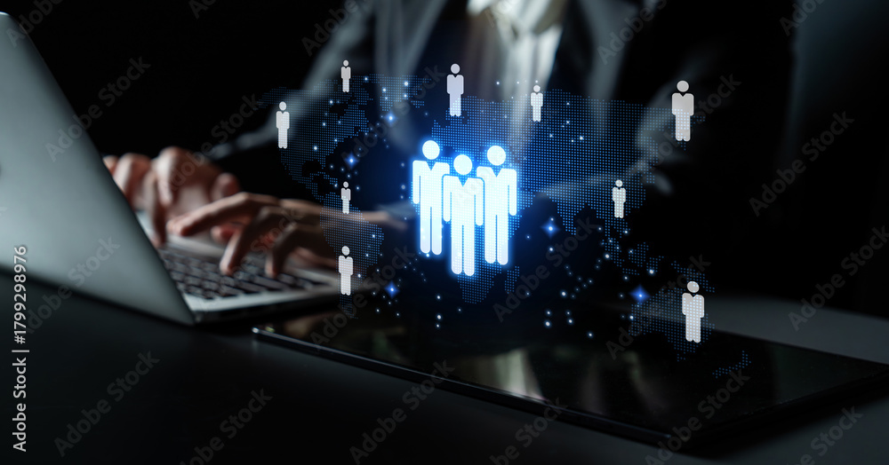 Obraz premium Global human network and workforce distribution highlight human, network, and global presence through digital connection and team coordination Latch