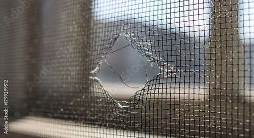 Damaged window screen with a hole letting in sunlight and air  