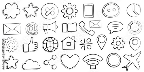 Collection of hand drawn black and white communication and social media icons on a white background