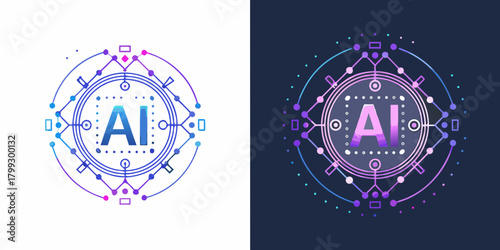 Abstract ai logo with futuristic circuitry and digital network connections in blue and purple gradients