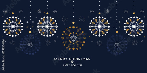 Elegant merry christmas and happy new year greeting card with decorative snowflakes and festive text