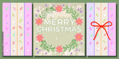 Festive merry christmas greeting card with floral wreath and decorative elements
