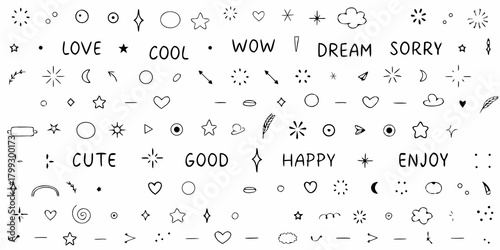 Collection of hand drawn doodle elements including stars hearts clouds and words like love and happy