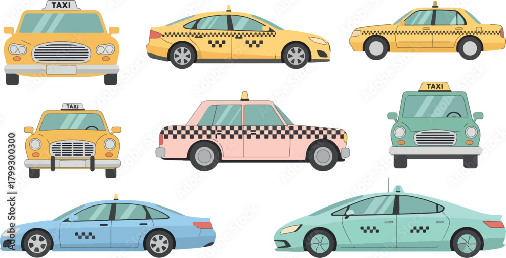 Naklejka premium Collection of Cartoon Taxi Cars in Various Colors and Styles