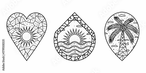 Set of three stylized black and white line art emblems featuring a sun in a heart a tropical beach scene and a palm tree