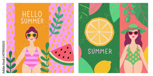 Vibrant summer illustrations featuring women sunbathing and tropical fruits with text hello summer