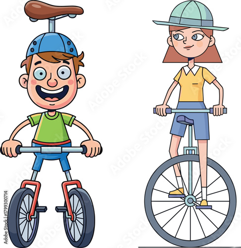 Cartoon children riding unusual bicycles and unicycles, playful characters showing balance skills, fun cycling activity, creative transportation concept for kids illustration