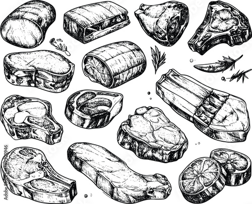 Hand-Drawn Meat Cuts Illustration Set