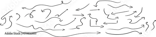 Collection of hand drawn wavy and curved arrows in black ink on white background