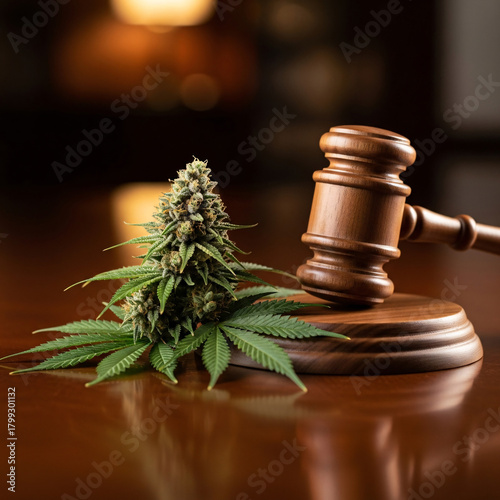 Cannabis bud and leaves resting near a wooden gavel on a table