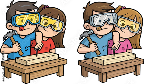 Kids practicing woodworking safely with goggles, cartoon children using hammer and nail, teamwork, learning craftsmanship, building skills, creative workshop activity together