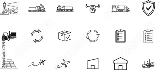 Logistics and delivery icons representing modern transportation and supply chain