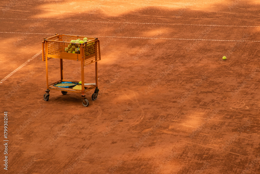 Fototapeta premium Coaching cart filled with tennis balls and rackets placed on clay court, emphasizing structured learning and sports preparation