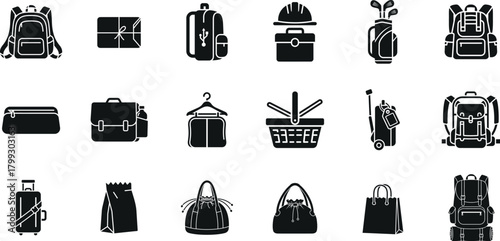 Collection of black backpacks and travel bags icons