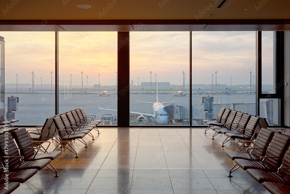 Naklejka premium Airport departure lounge at sunset, travel concept.