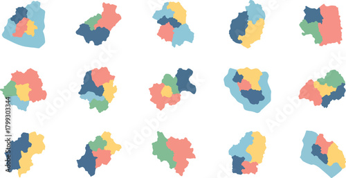 Colorful Map Outlines of Different Countries on White Background