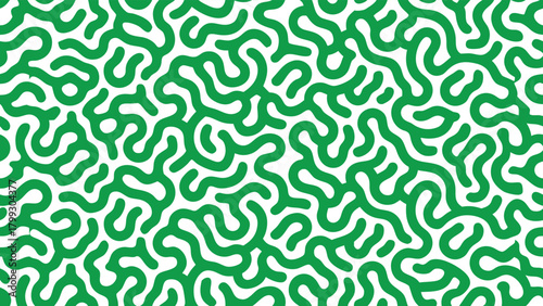 A seamless, repeating pattern of thick, flowing green lines forming an intricate maze-like structure against a white backdrop.