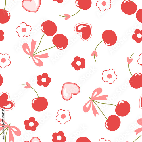 Valentine day valentine seamless pattern with cherry heart flower and bow design for fabric, cotton, wallpaper, satin all types of print textile and background