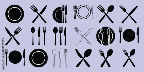 Collection of Black and White Icons Representing Tableware and Dining Settings