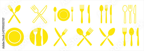 Collection of Yellow Flat Icons: Plates, Forks, Knives, and Spoons