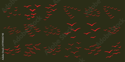 Flock of Red Birds in Flight Against a Dark Background