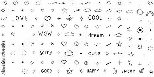 Collection of hand drawn doodle elements including hearts stars clouds words and decorative shapes