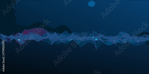 Abstract blue and purple wavy sound wave pattern with a circular element in the upper right corner