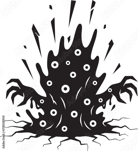 闇からの覚醒：地面を割って出現した無数の目を持つ異形のモノクロームクリーチャー