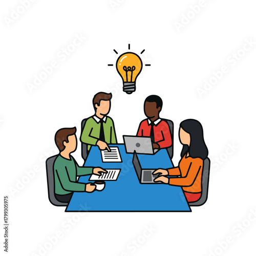 Brainstorming Meeting with Lightbulb Idea, Teamwork Concept