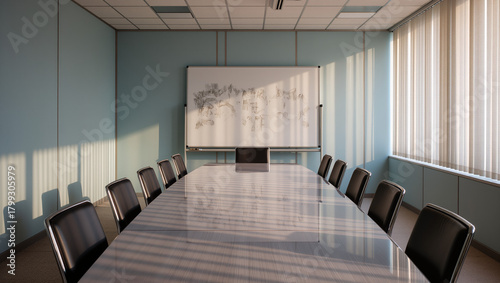 An empty meeting room with a long table, pushed-back chairs, smudged whiteboard, and soft morning light, creating a muted, symbolic scene of corporate inaction and lost potential.